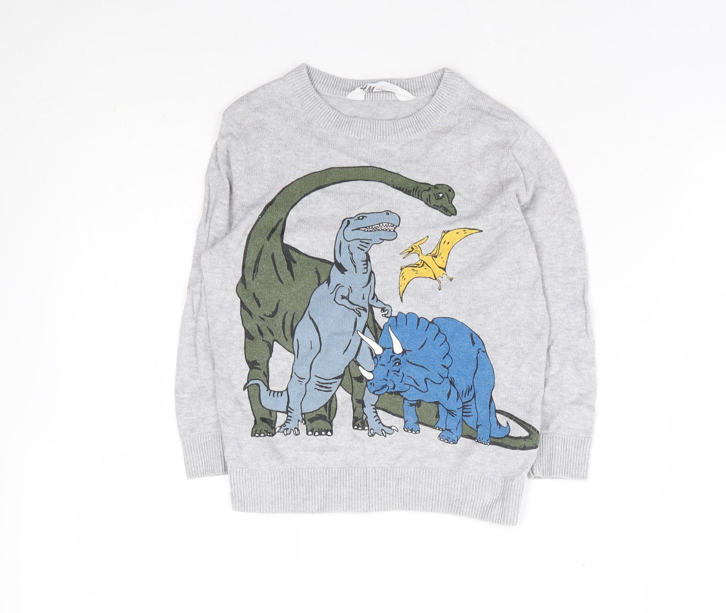 H&M Boys Grey Round Neck 100% Cotton Pullover Jumper Size 3-4 Years Pullover - Dinosaur