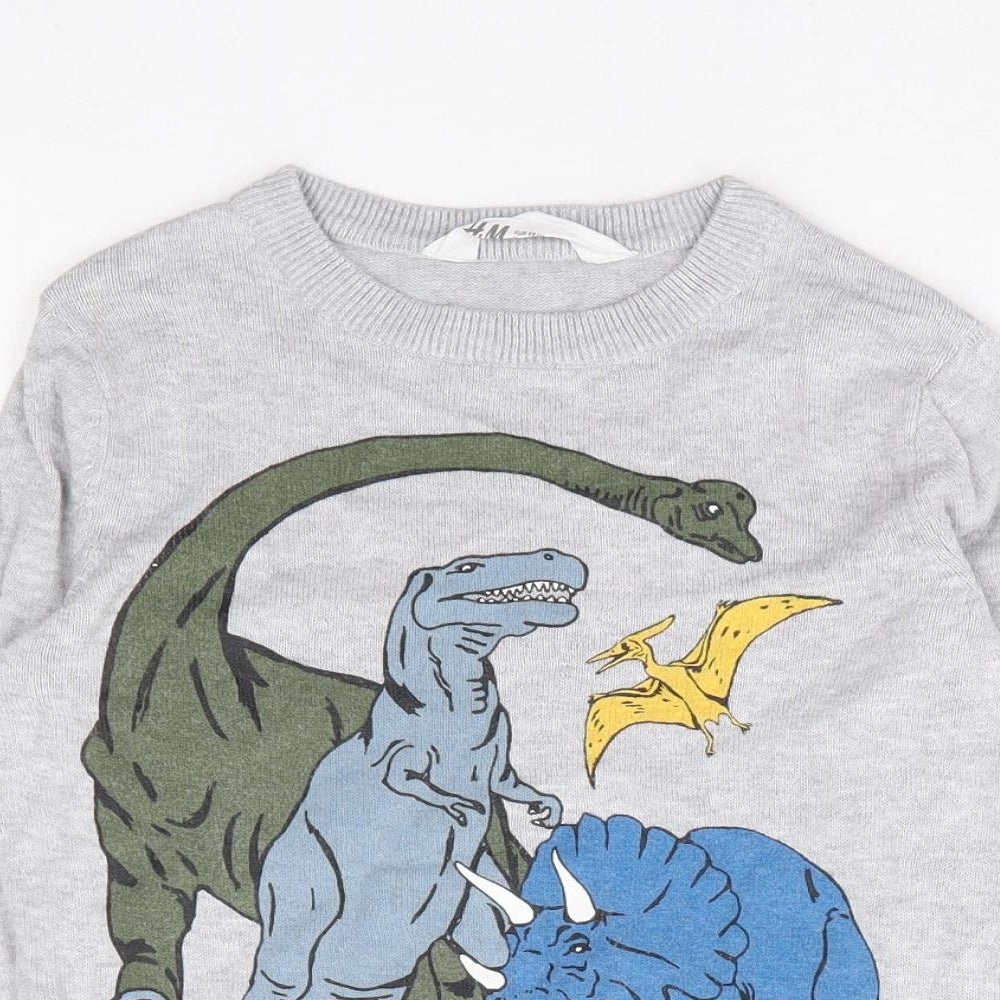 H&M Boys Grey Round Neck 100% Cotton Pullover Jumper Size 3-4 Years Pullover - Dinosaur