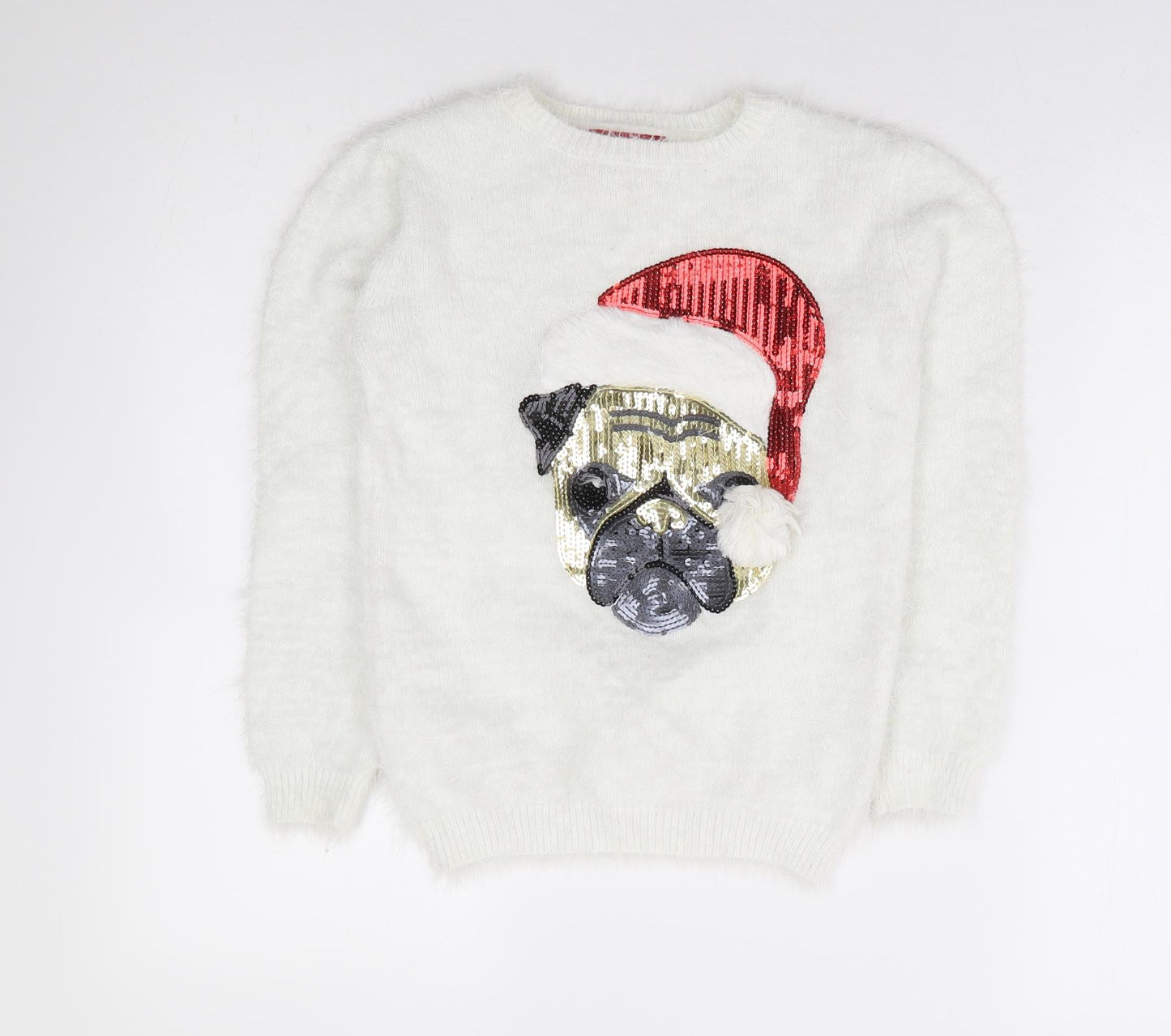 Primark Girls White Round Neck Nylon Pullover Jumper Size 10-11 Years Pullover - Christmas Pug