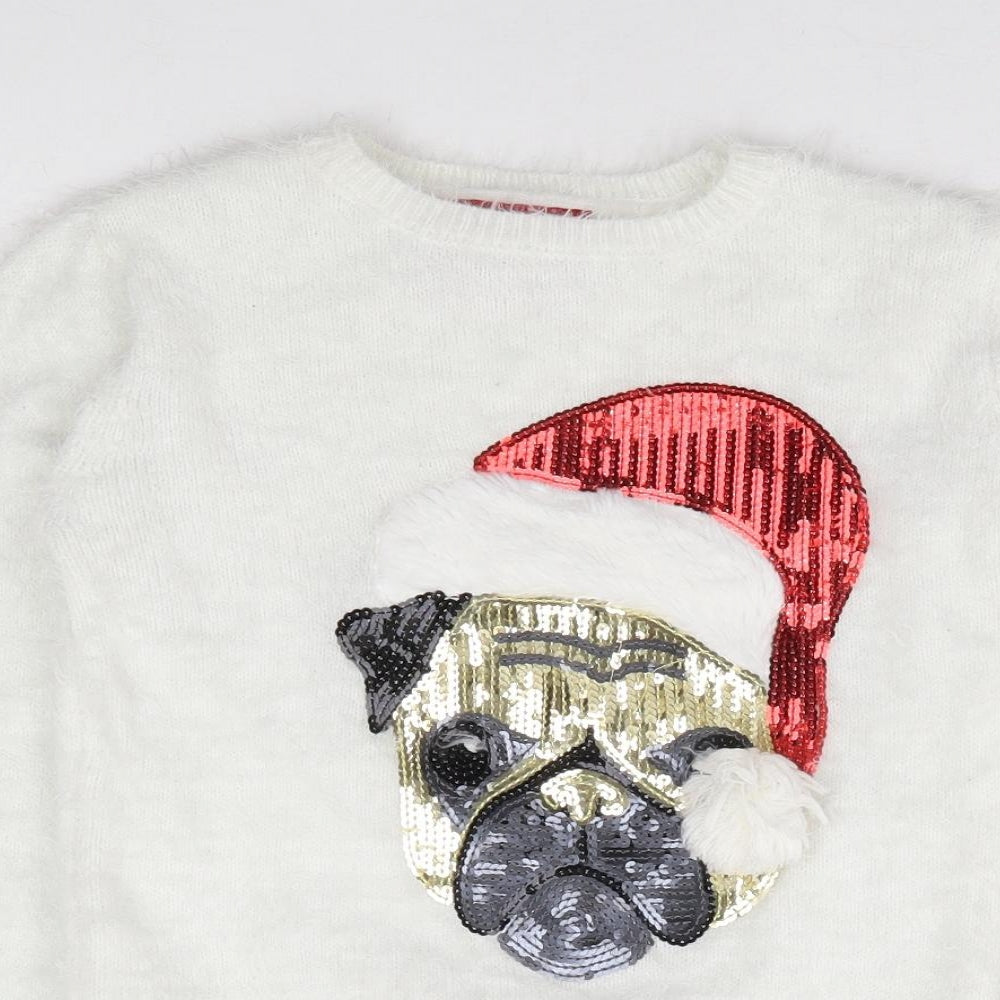Primark Girls White Round Neck Nylon Pullover Jumper Size 10-11 Years Pullover - Christmas Pug