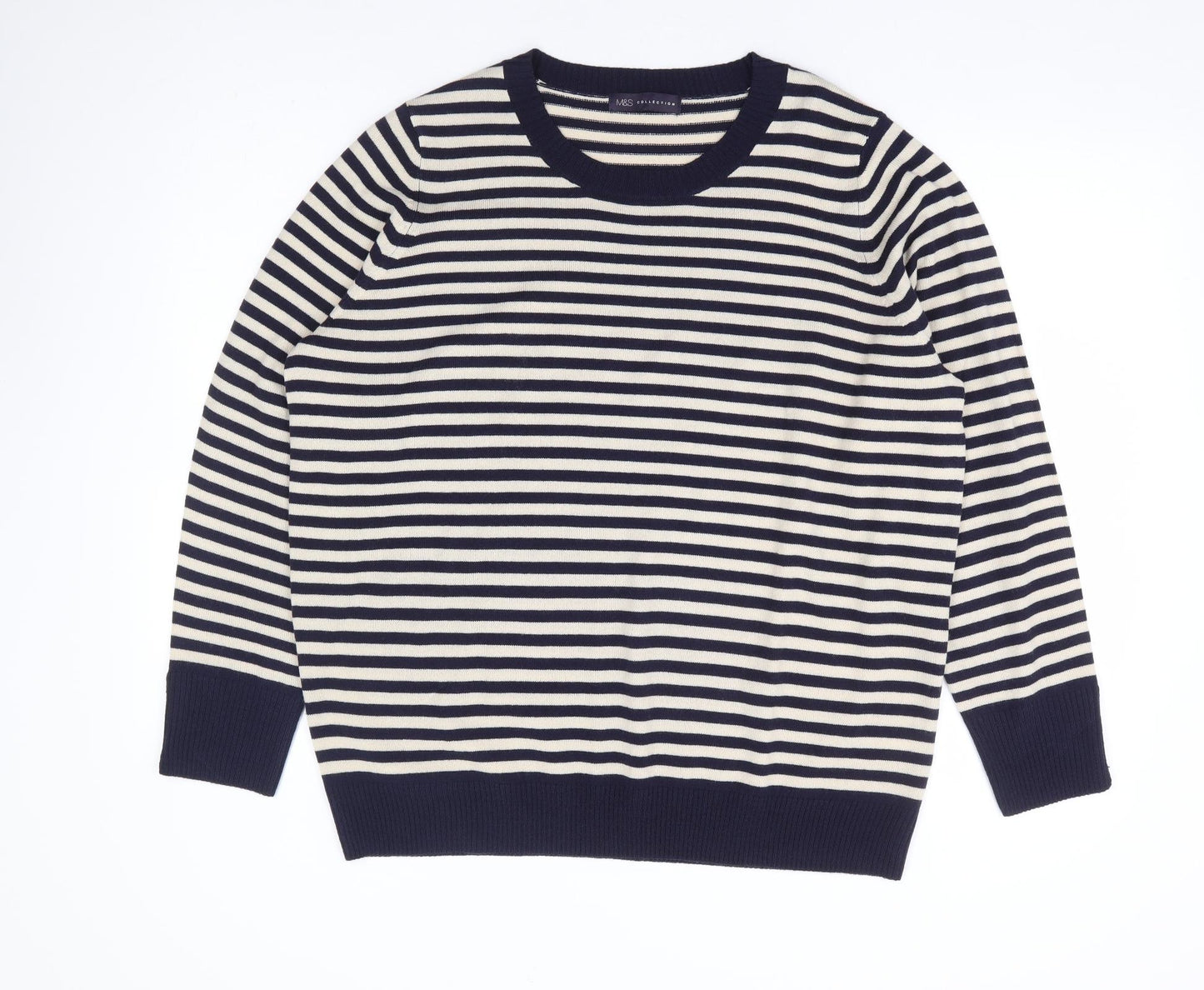 Marks and Spencer Womens Blue Round Neck Striped Acrylic Pullover Jumper Size 20