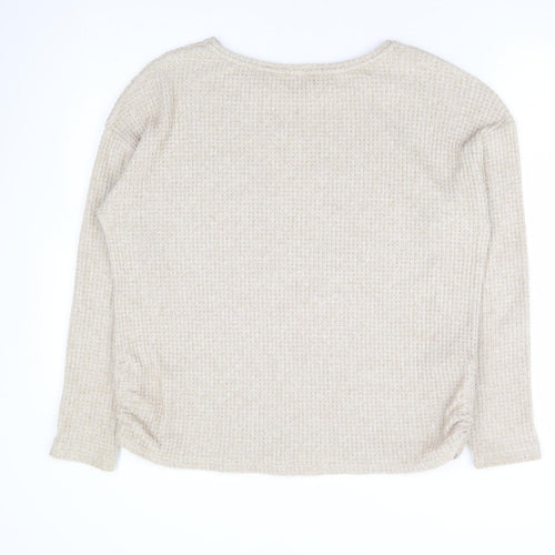 Papaya Womens Beige Round Neck Polyester Pullover Jumper Size M - Ruched Sides