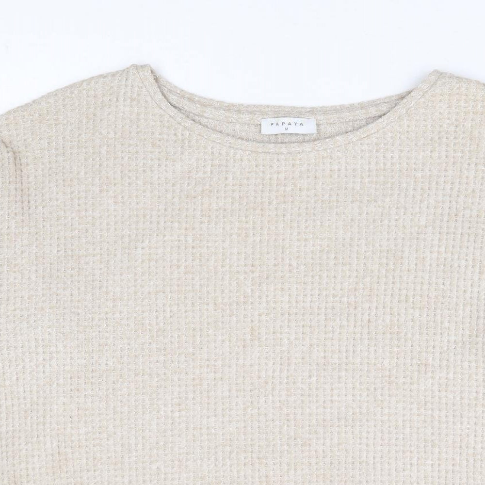 Papaya Womens Beige Round Neck Polyester Pullover Jumper Size M - Ruched Sides