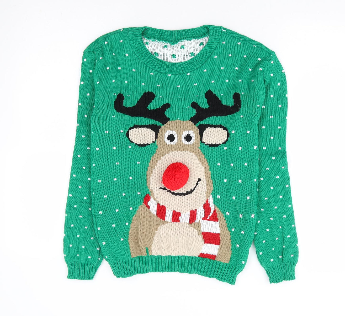 Preworn Womens Green Round Neck Acrylic Pullover Jumper Size S - Christmas Rudolph