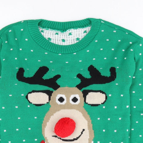 Preworn Womens Green Round Neck Acrylic Pullover Jumper Size S - Christmas Rudolph