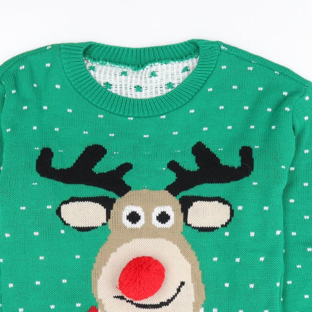 Preworn Womens Green Round Neck Acrylic Pullover Jumper Size S - Christmas Rudolph