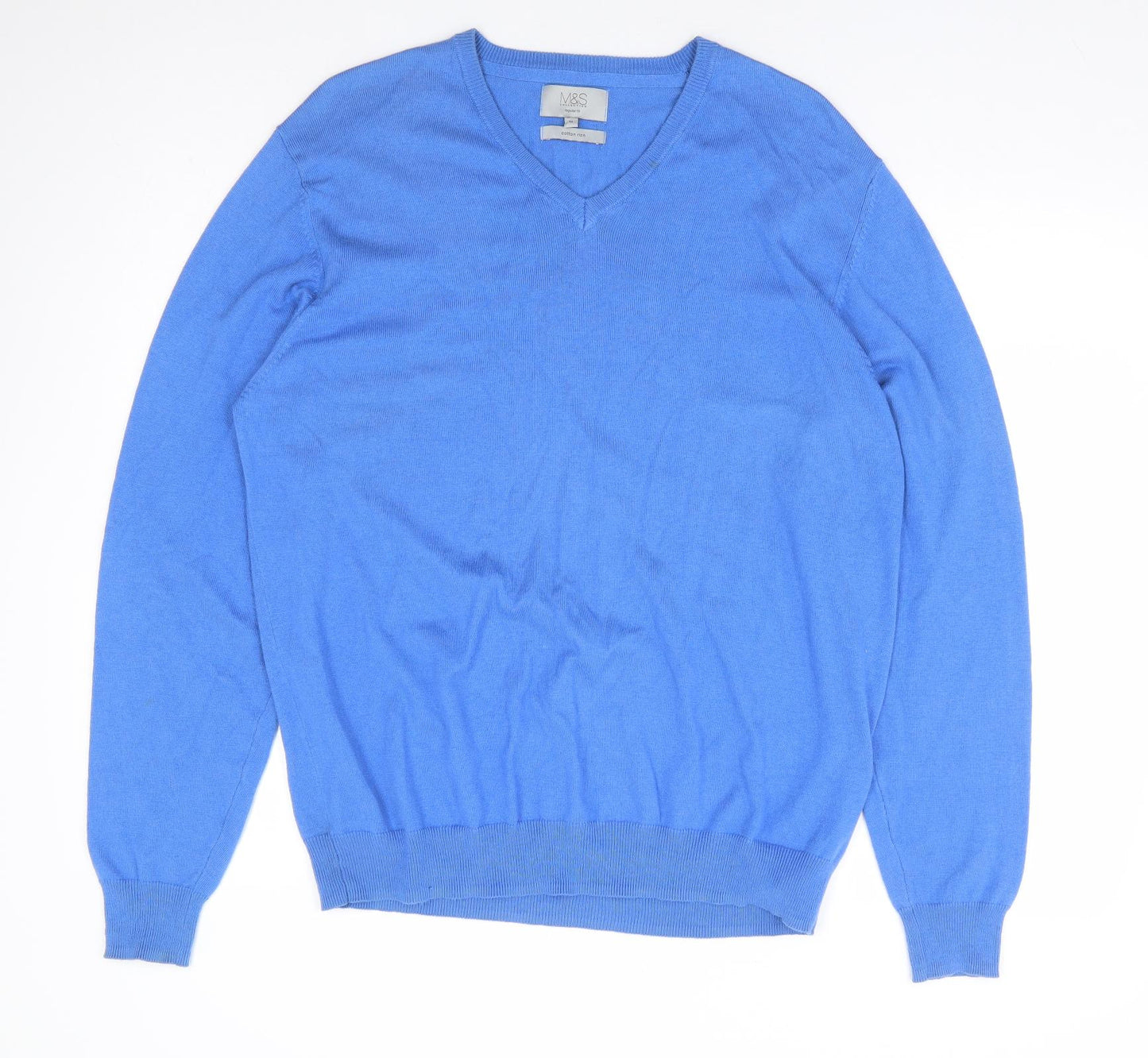 Marks and Spencer Mens Blue V-Neck Cotton Pullover Jumper Size M