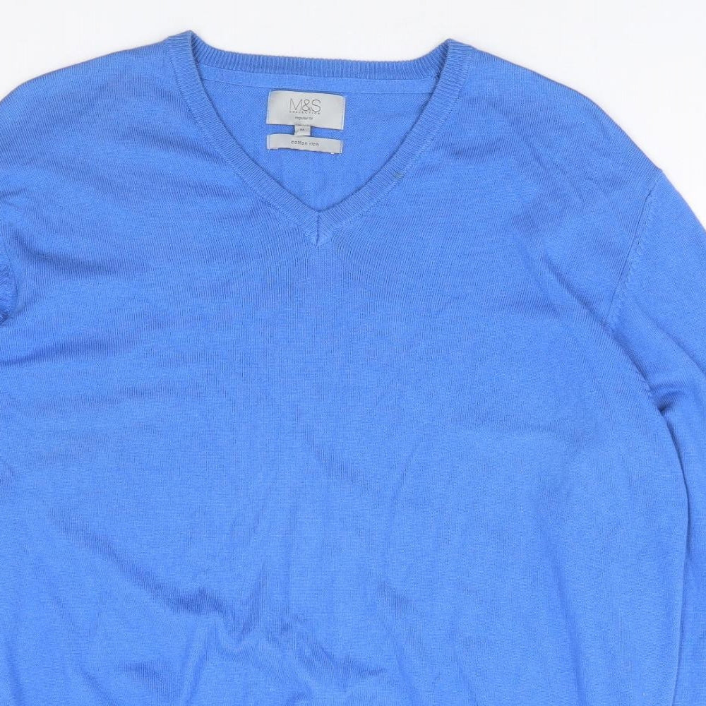 Marks and Spencer Mens Blue V-Neck Cotton Pullover Jumper Size M