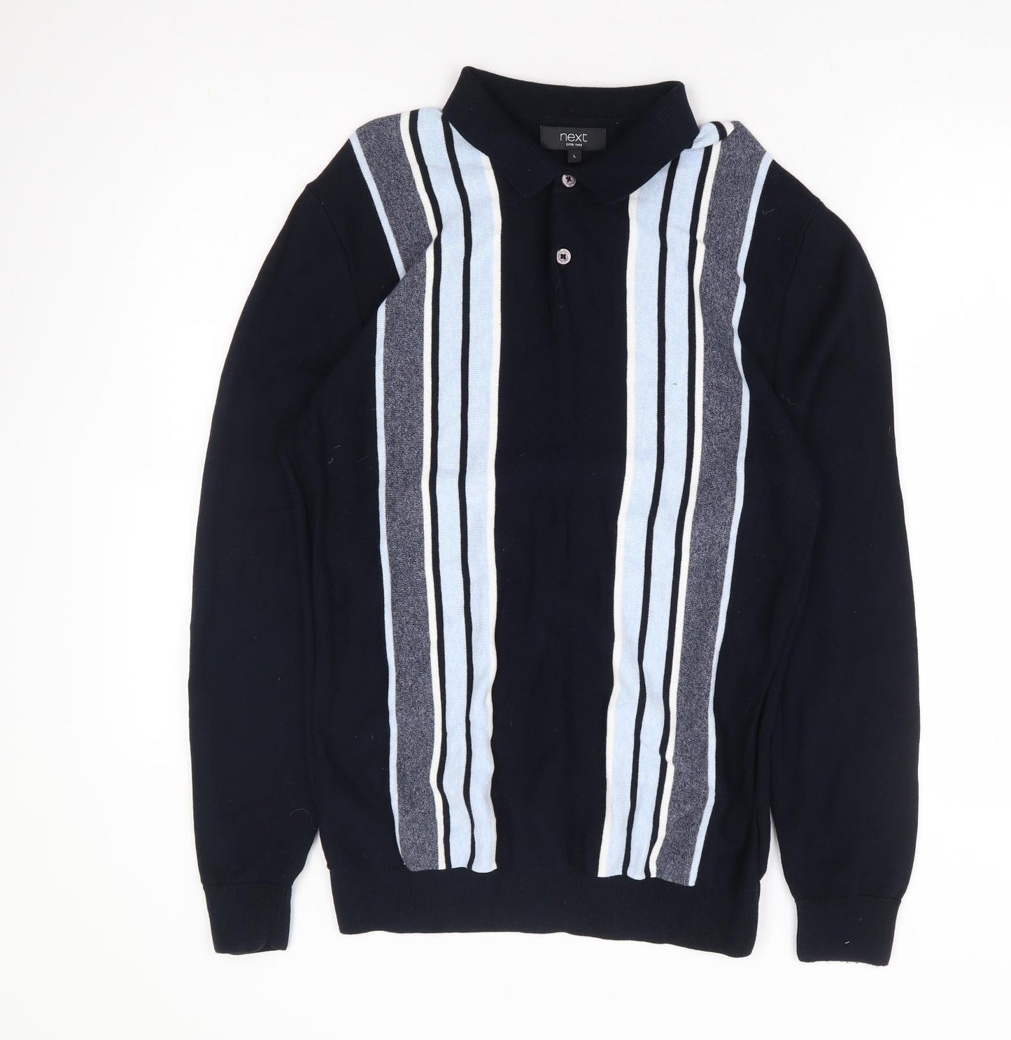 NEXT Mens Blue Collared Striped Cotton Pullover Jumper Size L