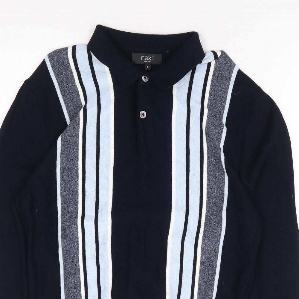 NEXT Mens Blue Collared Striped Cotton Pullover Jumper Size L