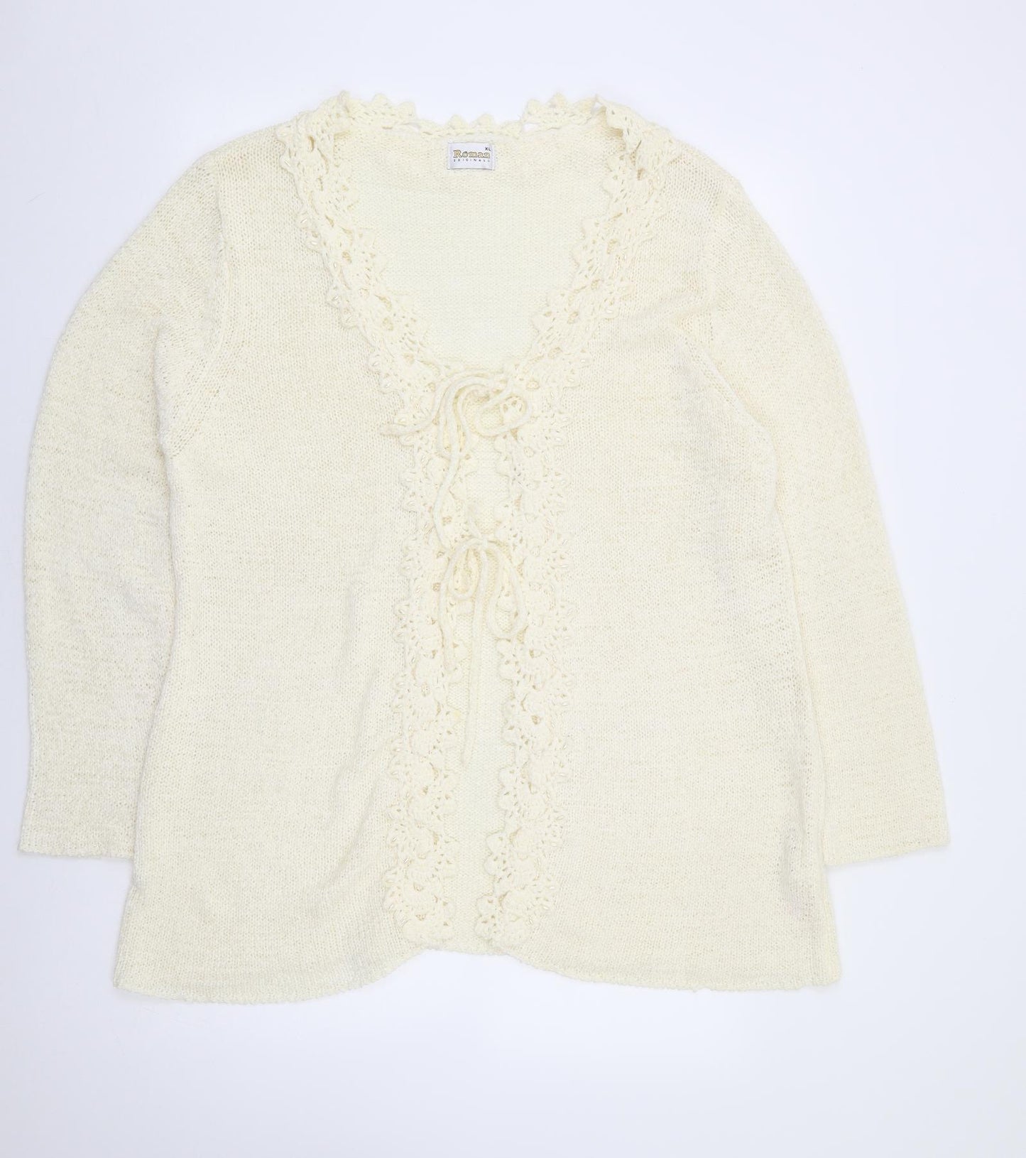 Roman Originals Womens Ivory V-Neck Acrylic Cardigan Jumper Size XL - Tie Front