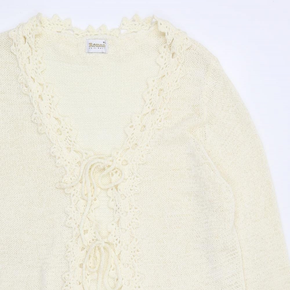 Roman Originals Womens Ivory V-Neck Acrylic Cardigan Jumper Size XL - Tie Front
