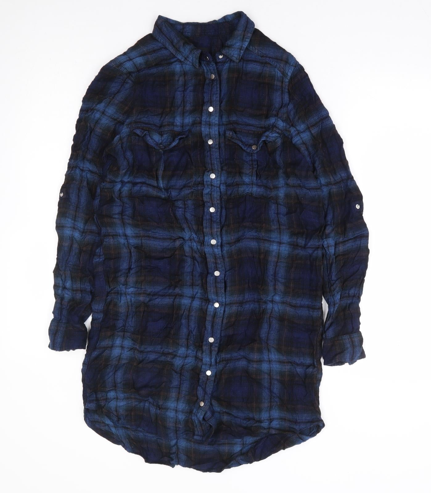 River Island Womens Blue Plaid Viscose Shirt Dress Size 8 Collared Snap