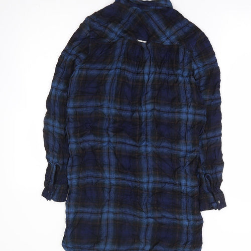 River Island Womens Blue Plaid Viscose Shirt Dress Size 8 Collared Snap