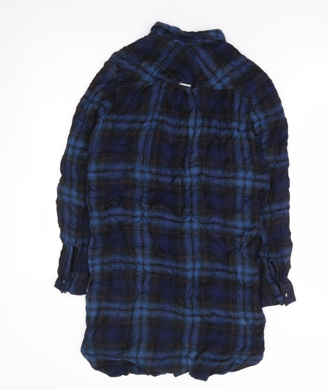 River Island Womens Blue Plaid Viscose Shirt Dress Size 8 Collared Snap
