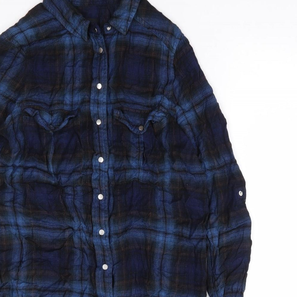 River Island Womens Blue Plaid Viscose Shirt Dress Size 8 Collared Snap