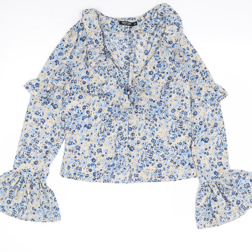 Nasty Gal Womens Blue Floral Polyester Basic Blouse Size 10 V-Neck - Bell Sleeve