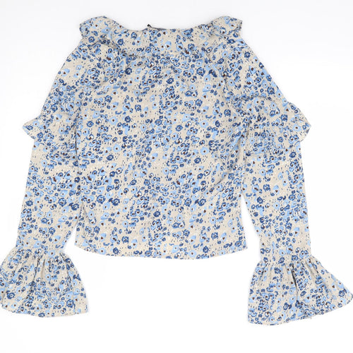 Nasty Gal Womens Blue Floral Polyester Basic Blouse Size 10 V-Neck - Bell Sleeve