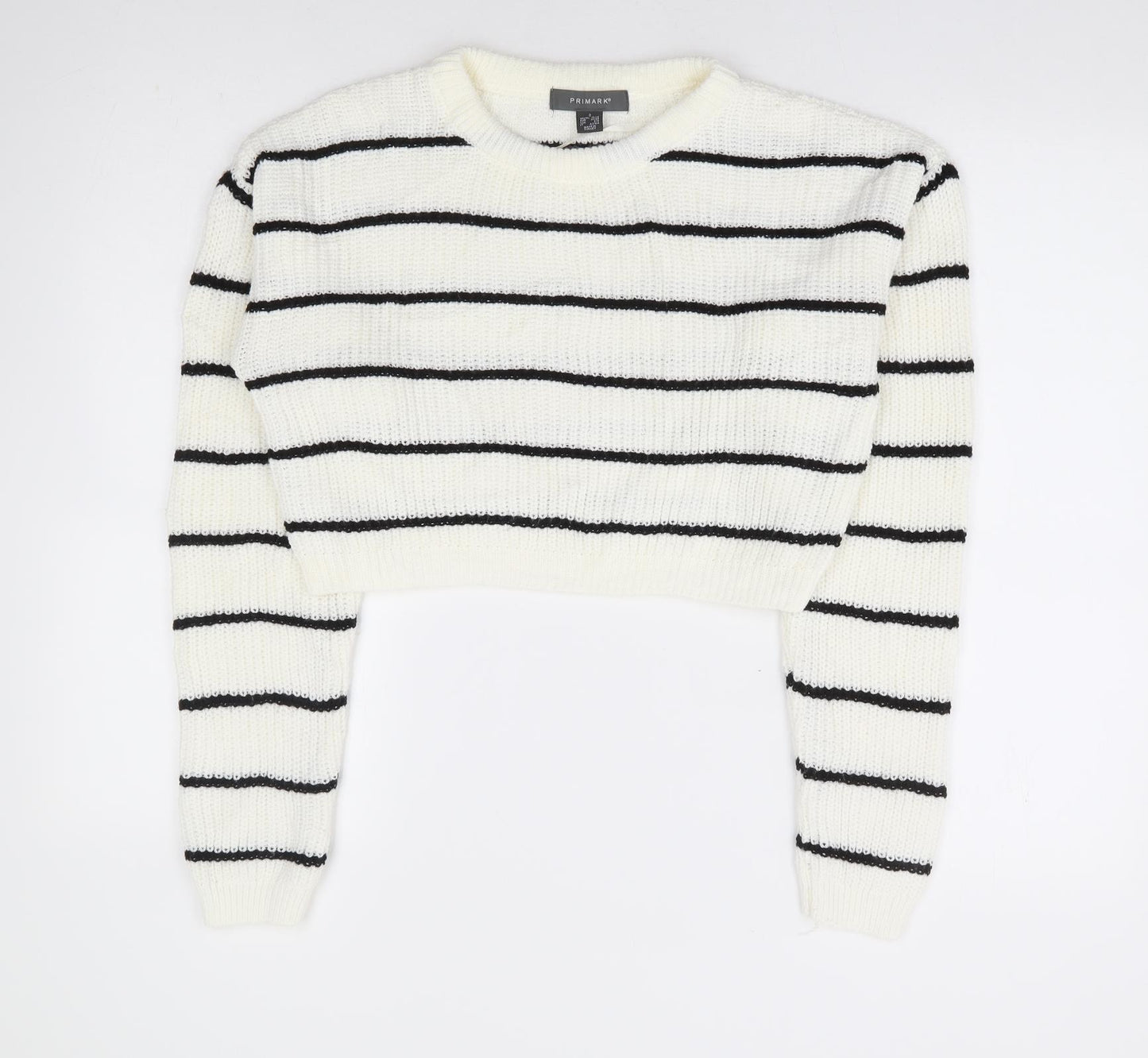 Primark Womens White Round Neck Striped Acrylic Pullover Jumper Size 10 - Cropped