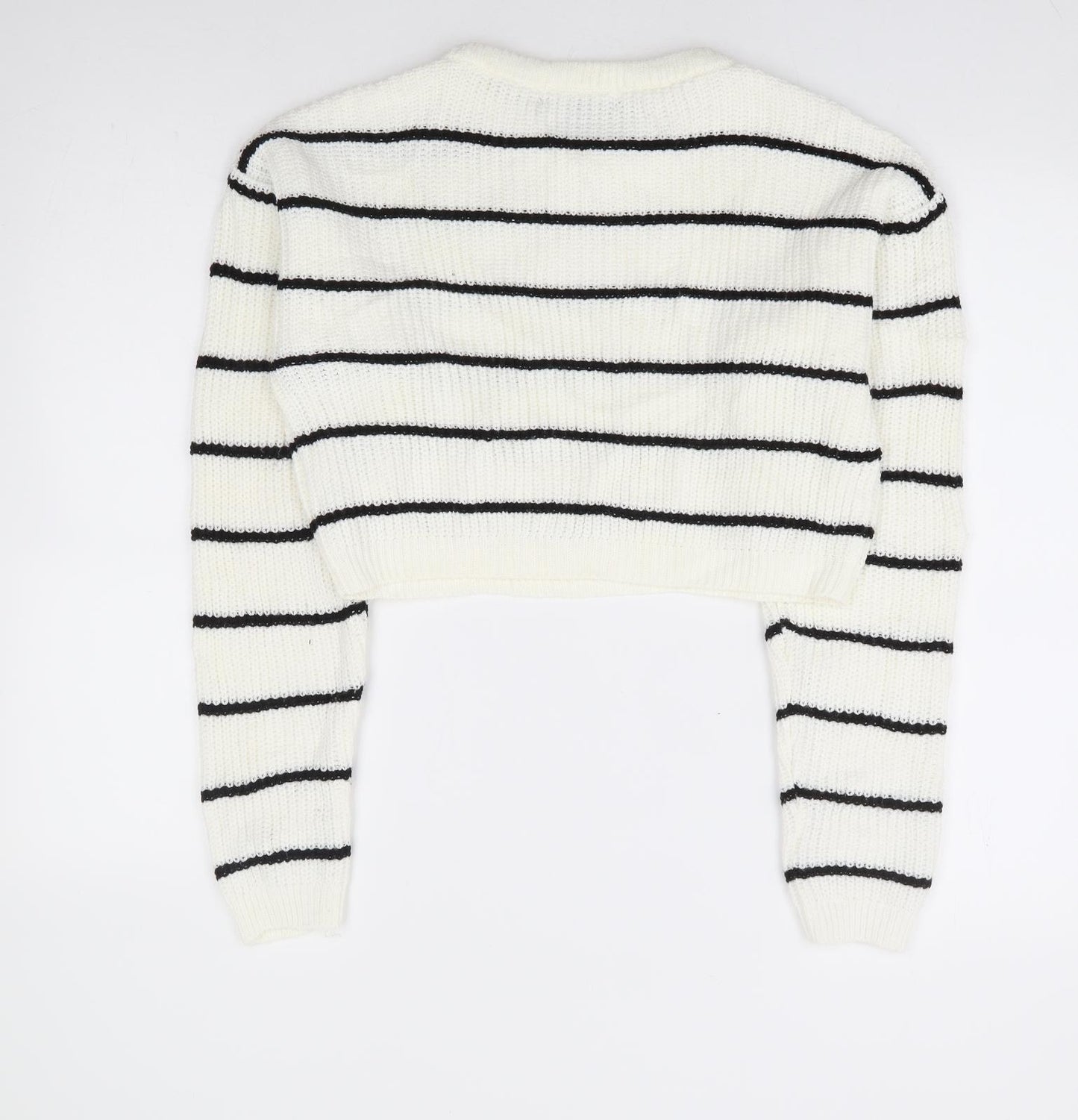 Primark Womens White Round Neck Striped Acrylic Pullover Jumper Size 10 - Cropped