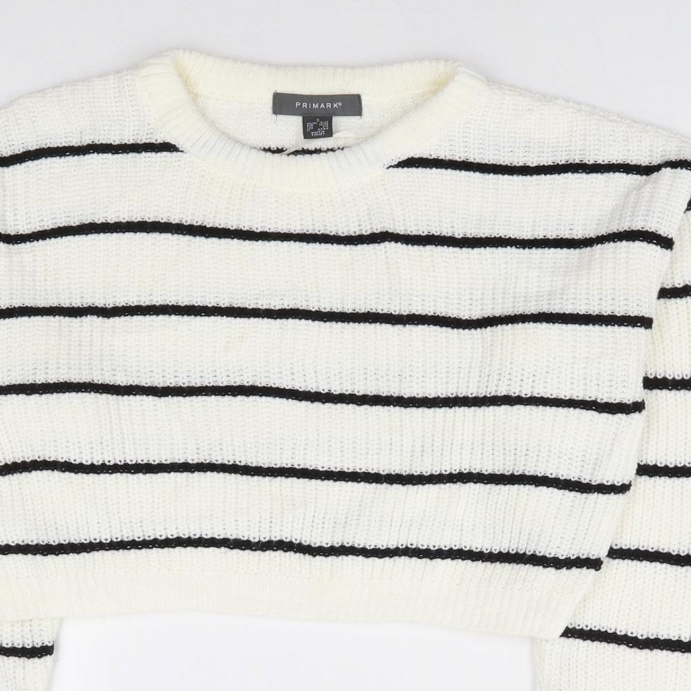 Primark Womens White Round Neck Striped Acrylic Pullover Jumper Size 10 - Cropped
