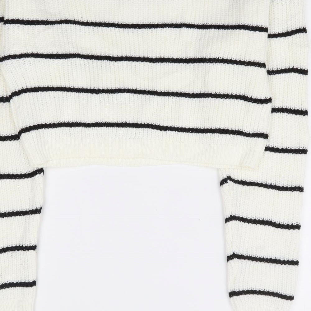 Primark Womens White Round Neck Striped Acrylic Pullover Jumper Size 10 - Cropped