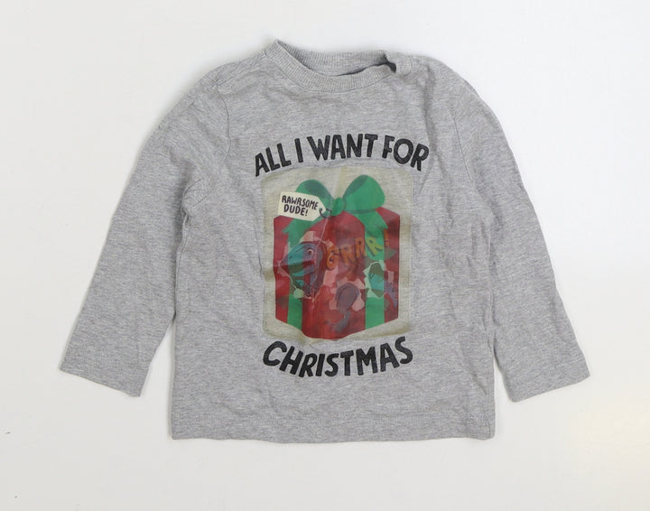 F&F Baby Grey Cotton Basic T-Shirt Size 12-18 Months Round Neck Pullover - Christmas Dinosaur