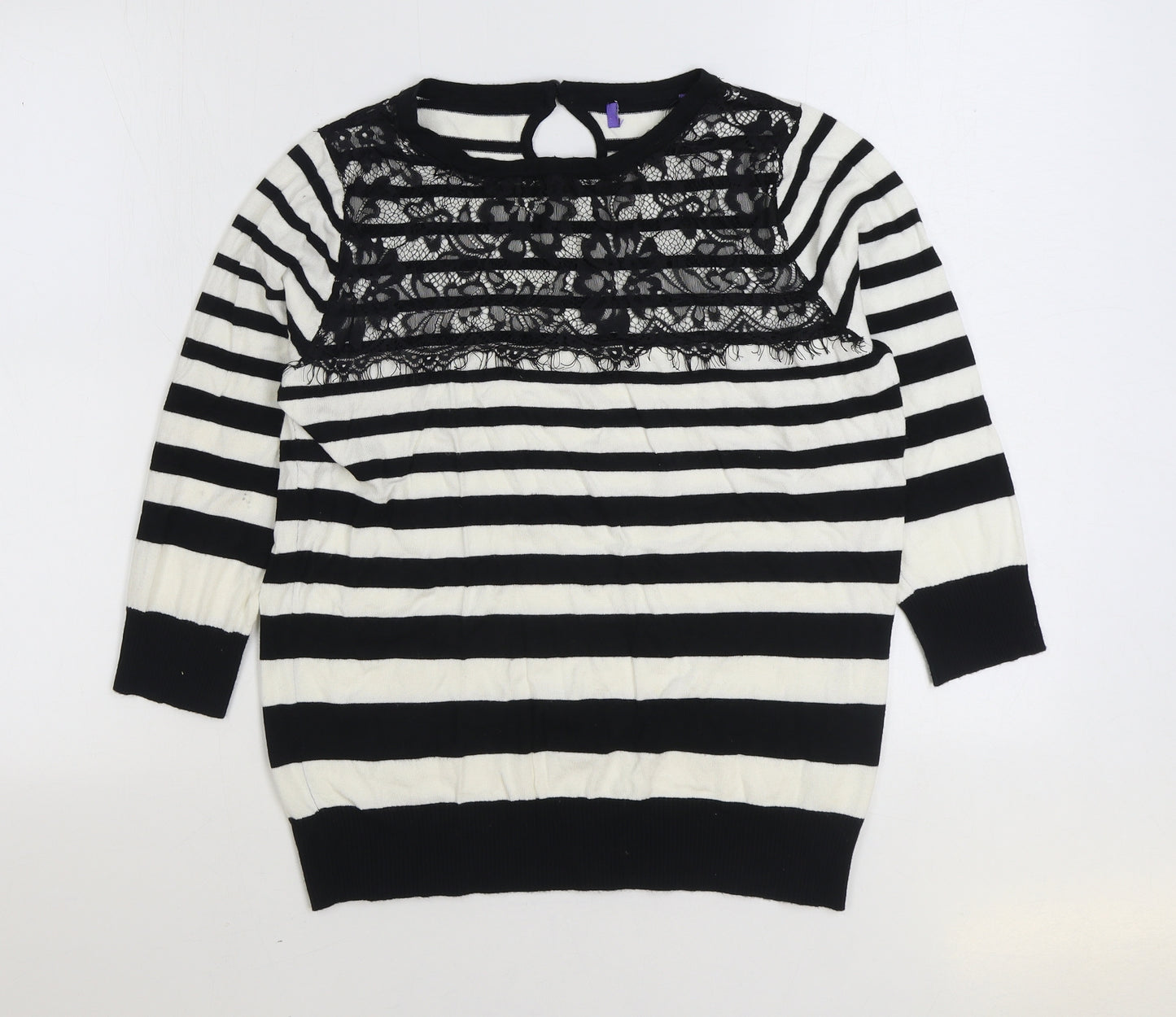 Preworn Womens Black Round Neck Striped Viscose Pullover Jumper Size M - Lace detail