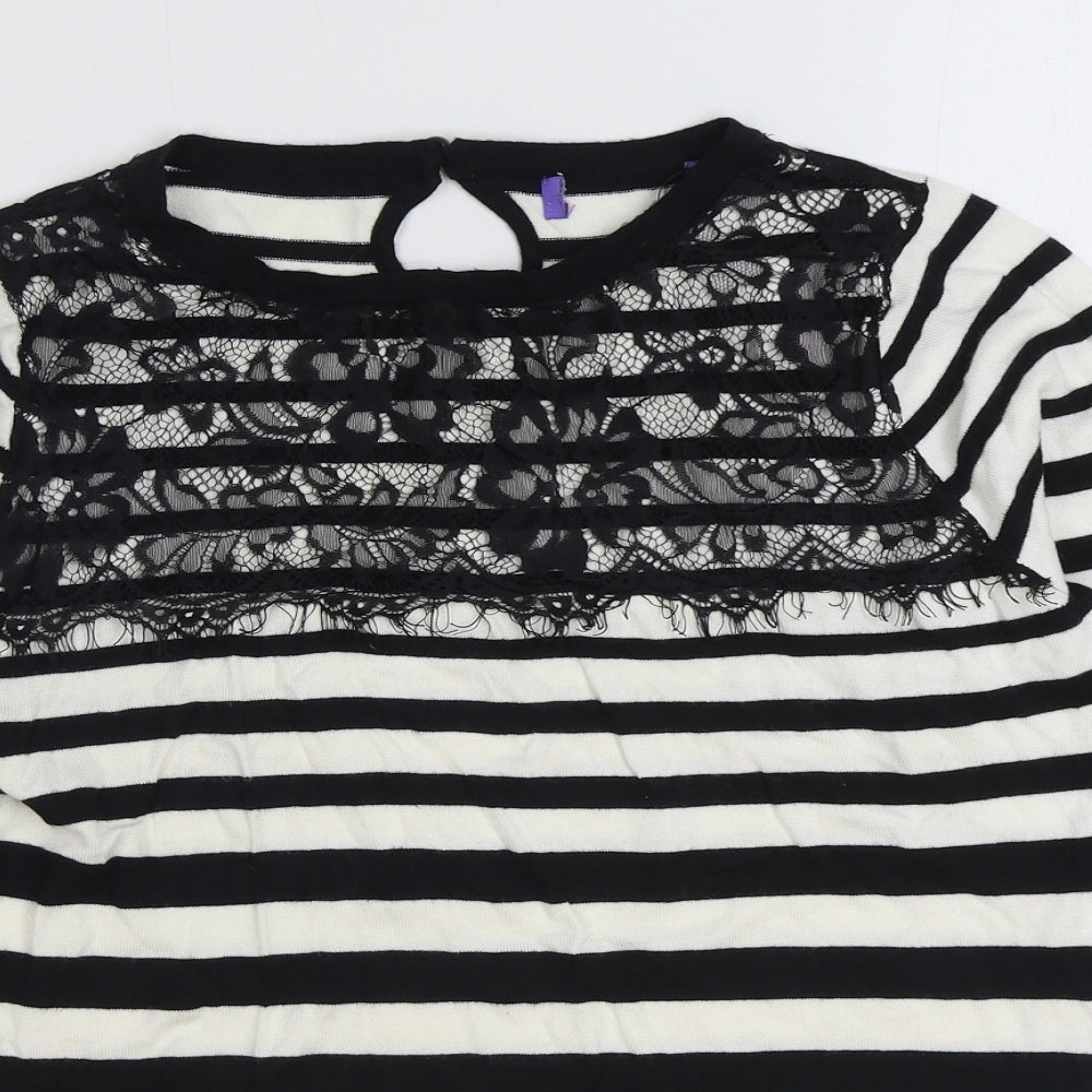 Preworn Womens Black Round Neck Striped Viscose Pullover Jumper Size M - Lace detail