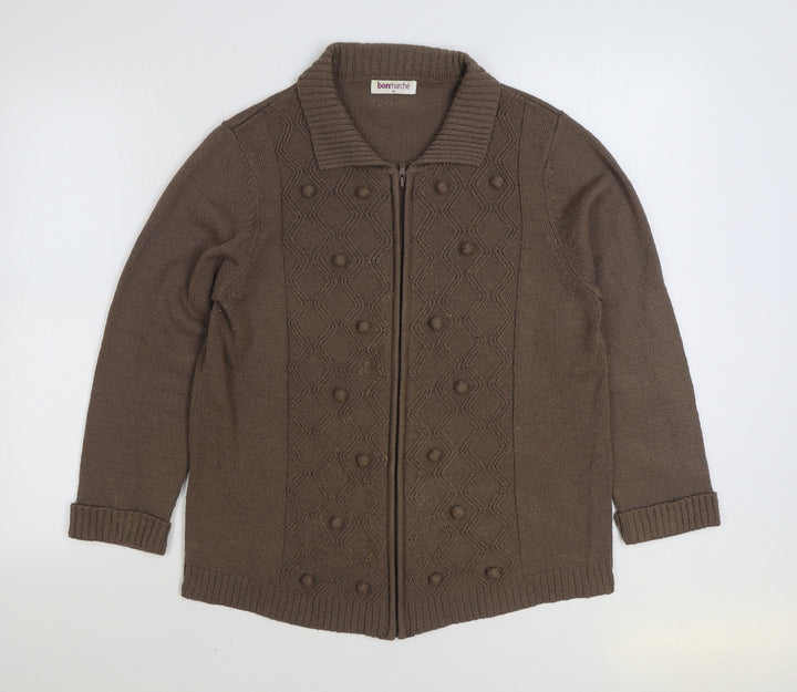 Bonmarché Womens Brown Collared Acrylic Full Zip Jumper Size M