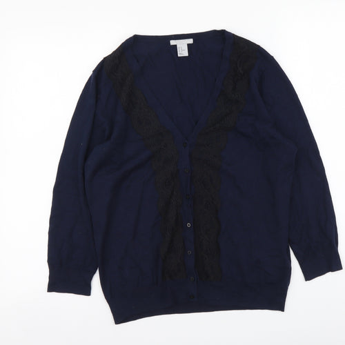 H&M Womens Blue V-Neck Cotton Cardigan Jumper Size M - Lace Detail