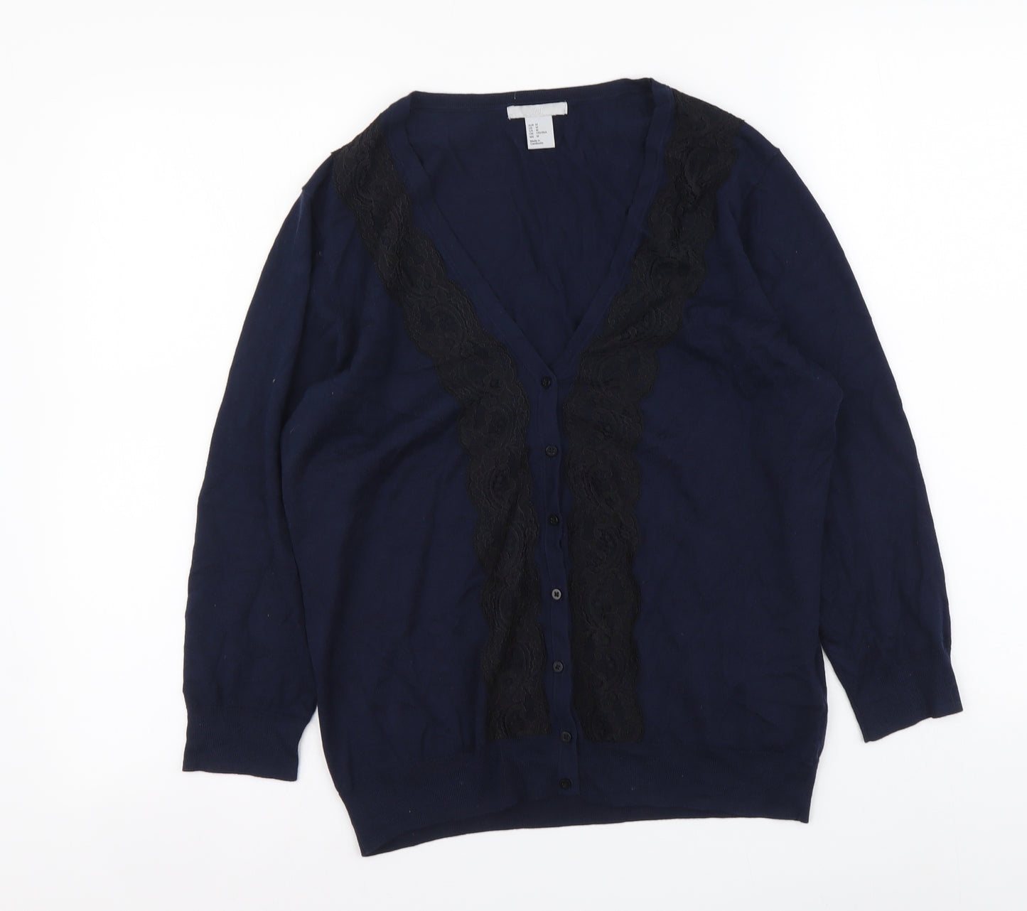 H&M Womens Blue V-Neck Cotton Cardigan Jumper Size M - Lace Detail