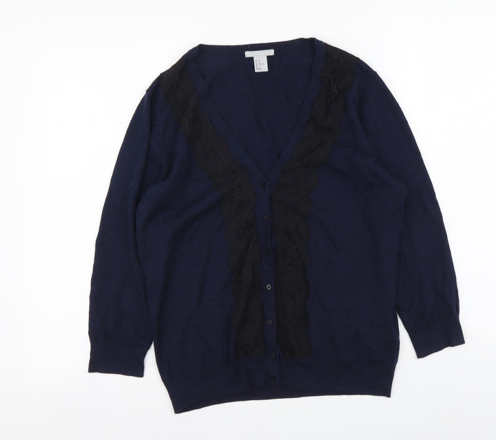 H&M Womens Blue V-Neck Cotton Cardigan Jumper Size M - Lace Detail