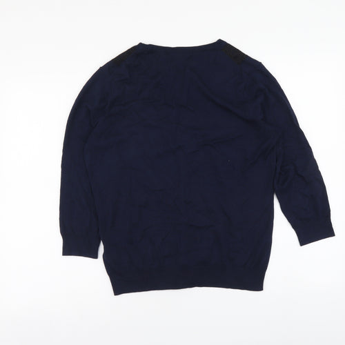 H&M Womens Blue V-Neck Cotton Cardigan Jumper Size M - Lace Detail