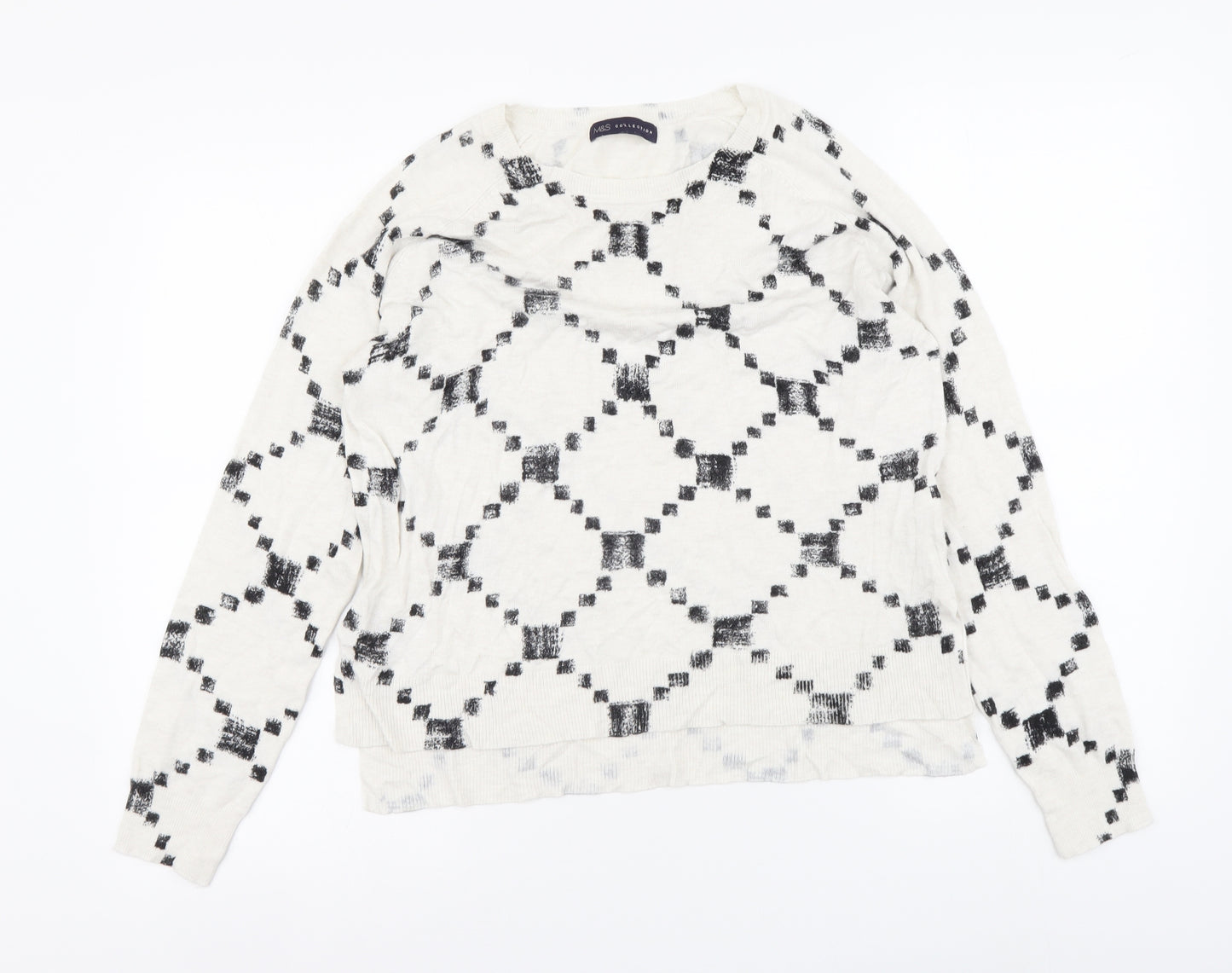 Marks and Spencer Womens Beige Round Neck Geometric Viscose Pullover Jumper Size 12