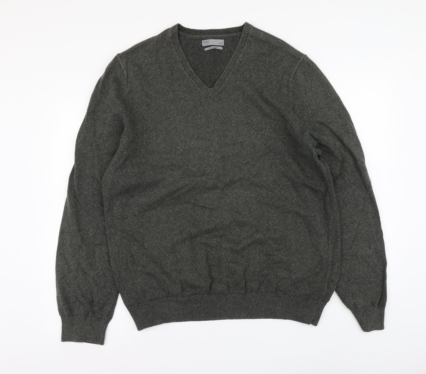 Marks and Spencer Mens Green V-Neck Cotton Pullover Jumper Size XL