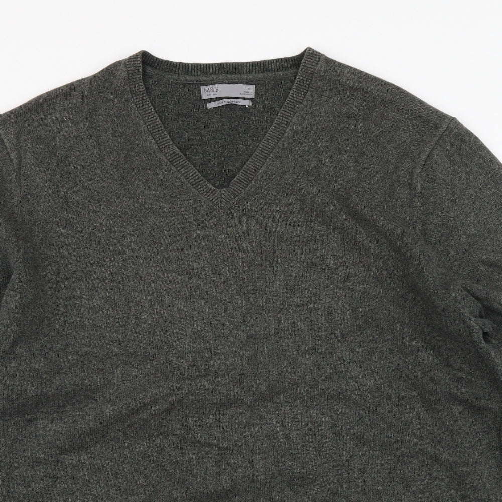 Marks and Spencer Mens Green V-Neck Cotton Pullover Jumper Size XL