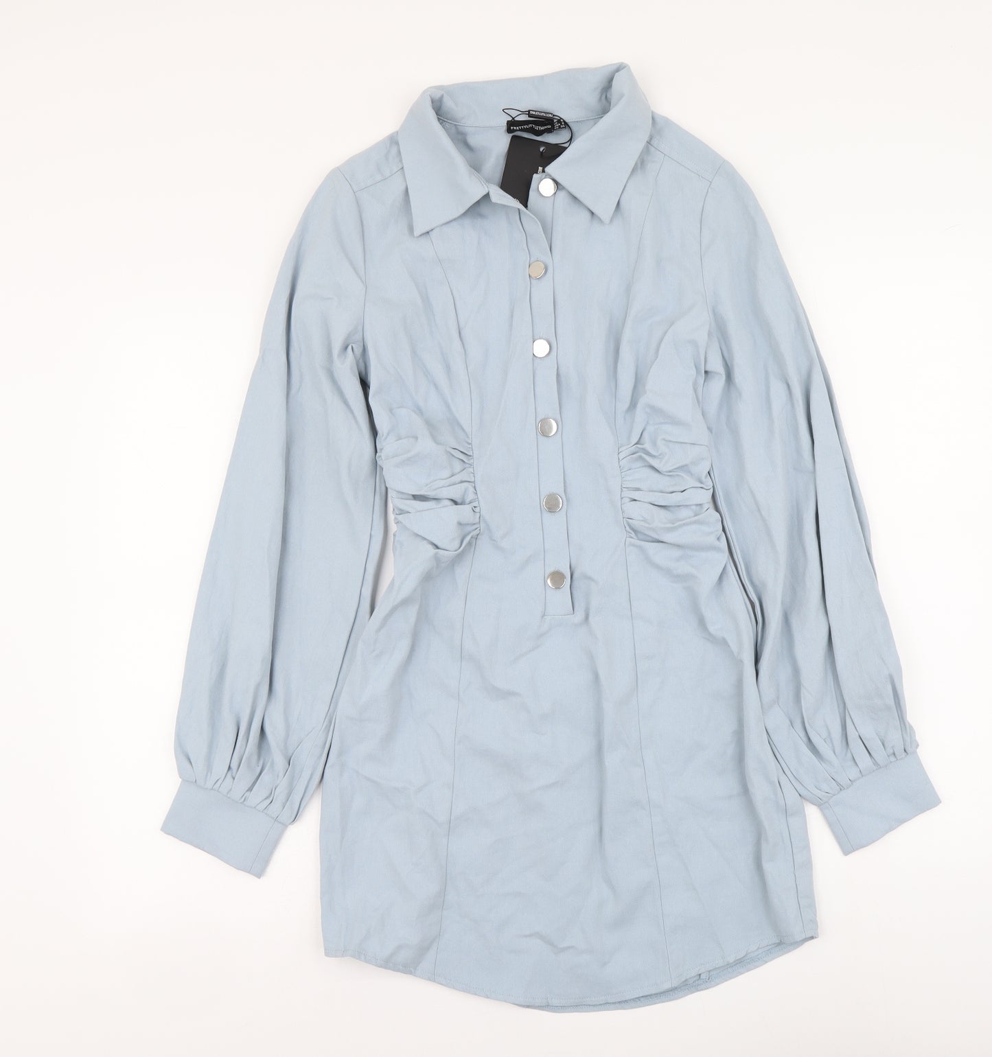 PRETTYLITTLETHING Womens Blue Cotton Shirt Dress Size 6 Collared Button