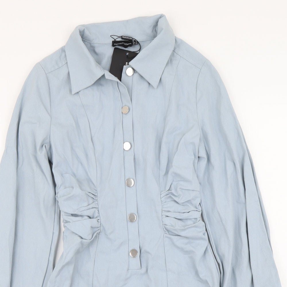 PRETTYLITTLETHING Womens Blue Cotton Shirt Dress Size 6 Collared Button