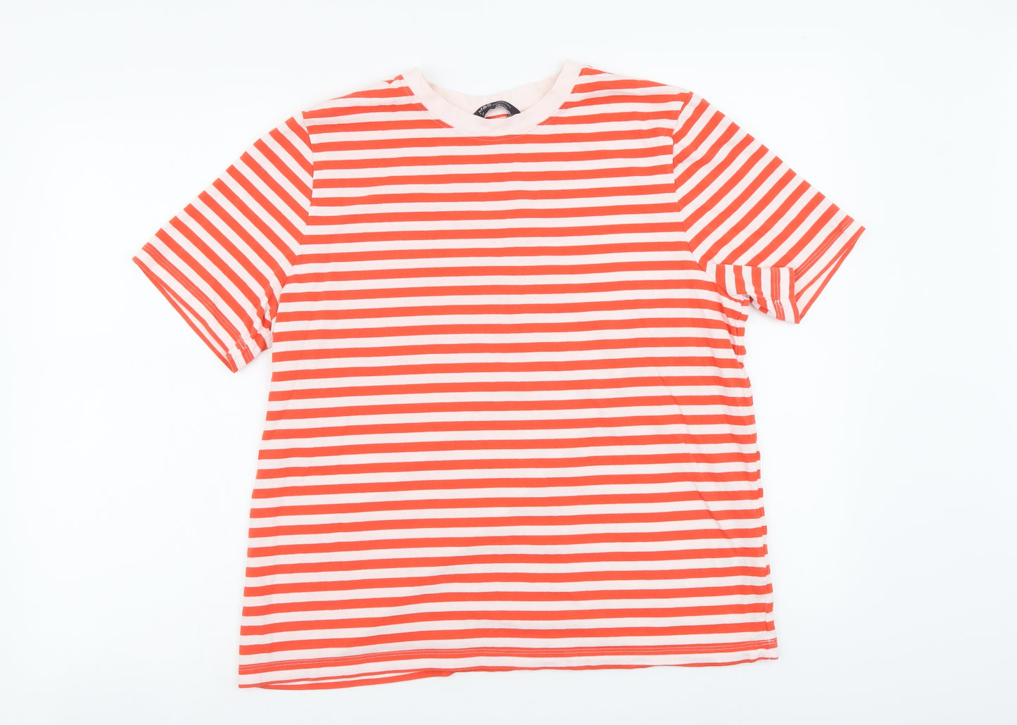 Marks and Spencer Womens Orange Striped Cotton Basic T-Shirt Size 14 Round Neck