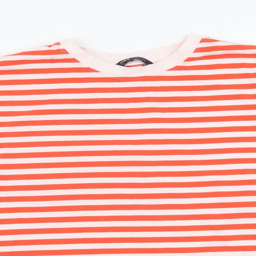 Marks and Spencer Womens Orange Striped Cotton Basic T-Shirt Size 14 Round Neck