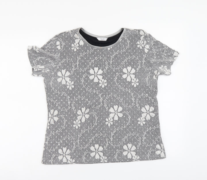 Berkertex Womens Silver Floral Polyester Basic T-Shirt Size 14 Round Neck