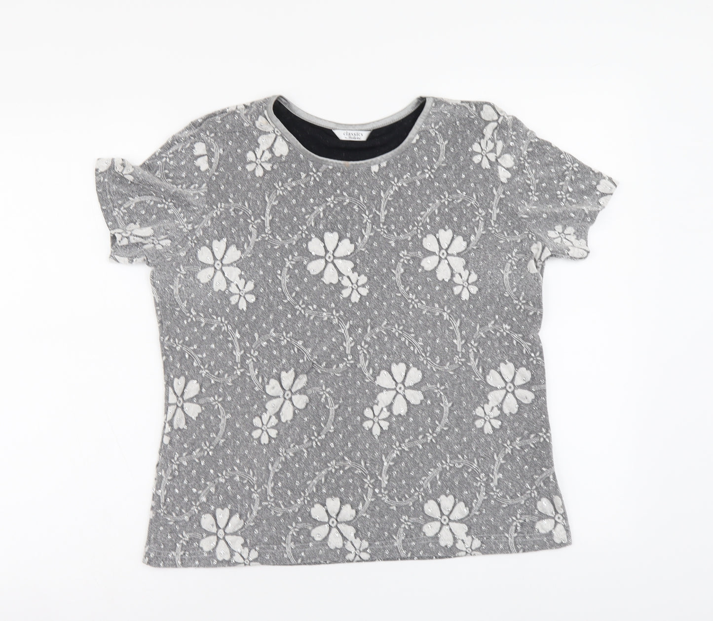 Berkertex Womens Silver Floral Polyester Basic T-Shirt Size 14 Round Neck
