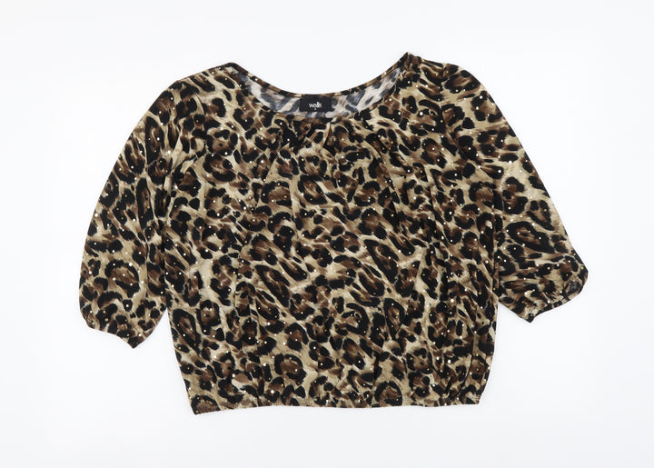 Wallis Womens Brown Animal Print Polyester Basic Blouse Size M Round Neck - Leopard pattern