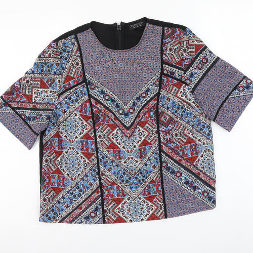 Topshop Womens Multicoloured Geometric Polyester Basic Blouse Size 8 Round Neck