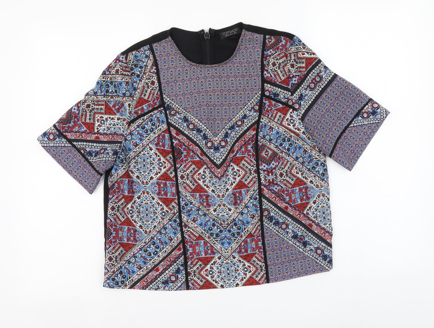 Topshop Womens Multicoloured Geometric Polyester Basic Blouse Size 8 Round Neck