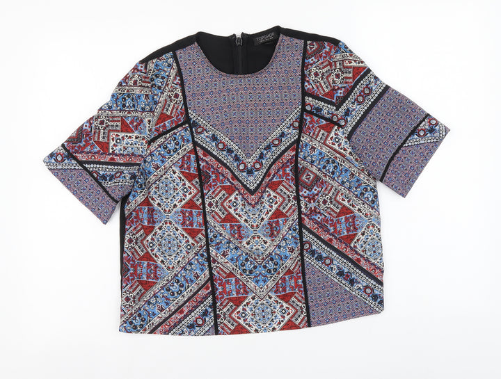 Topshop Womens Multicoloured Geometric Polyester Basic Blouse Size 8 Round Neck