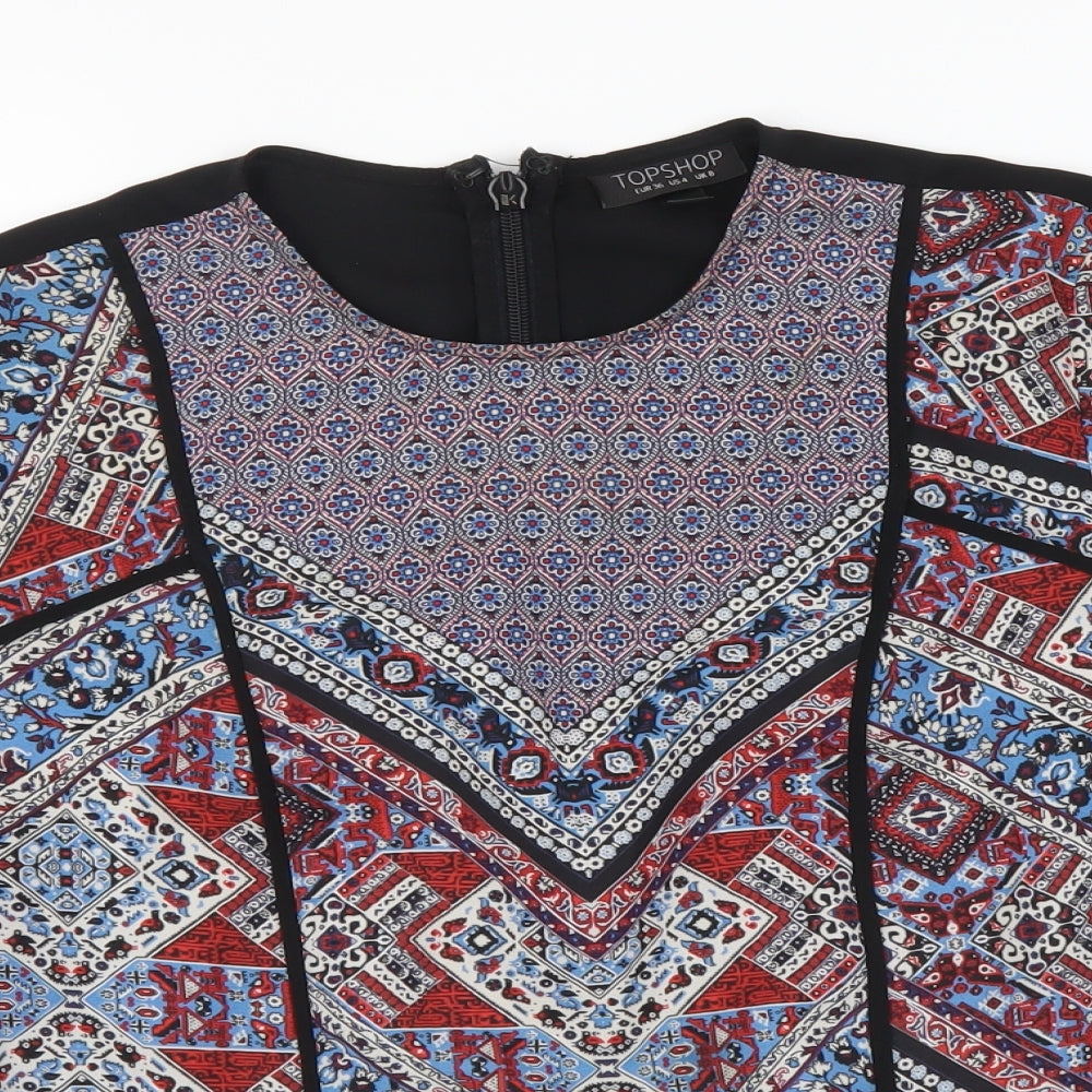 Topshop Womens Multicoloured Geometric Polyester Basic Blouse Size 8 Round Neck
