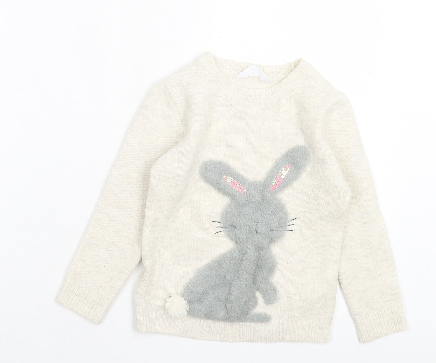 Primark Girls Beige Crew Neck Acrylic Pullover Jumper Size 4-5 Years Pullover - Rabbit