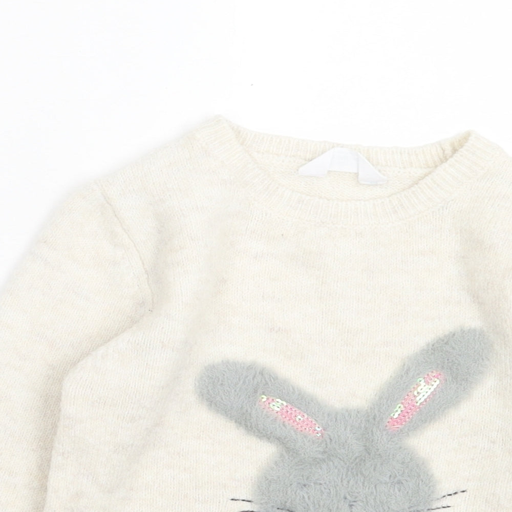 Primark Girls Beige Crew Neck Acrylic Pullover Jumper Size 4-5 Years Pullover - Rabbit